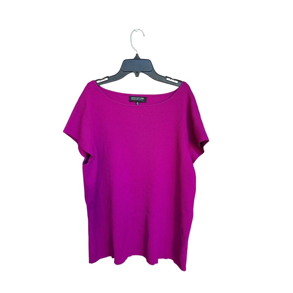 Jones New York Collection Woman 3X Fuchsia Ribbed Knit Short Sleeve Top Blouse